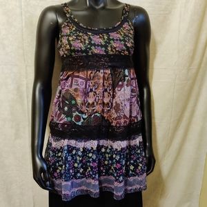 🗺️ American Rag Boho 3 Tiered Ruffle Lace Dress floral Scoop Neckline Gypsy EUC